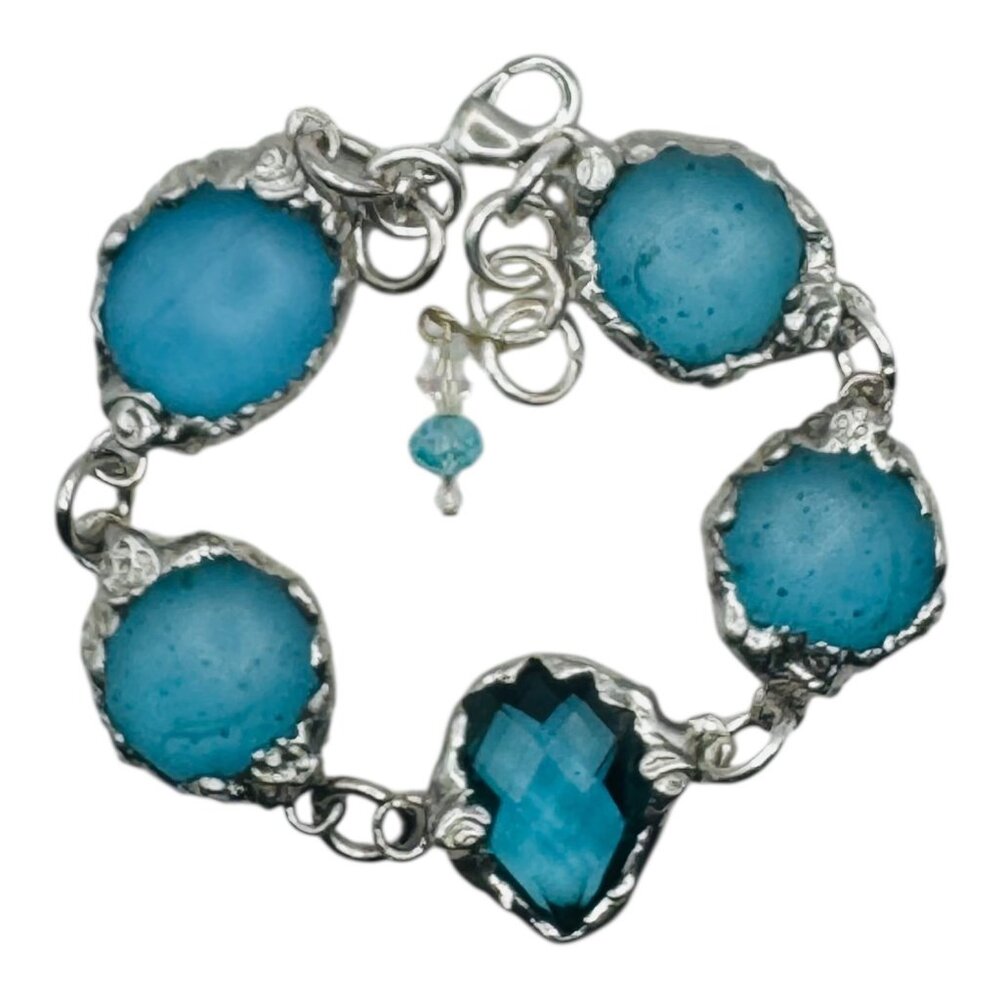Artisan Crafted Sea Glass Cabochons Bracelet & Faceted Crystal Accent - Picture 3 of 15